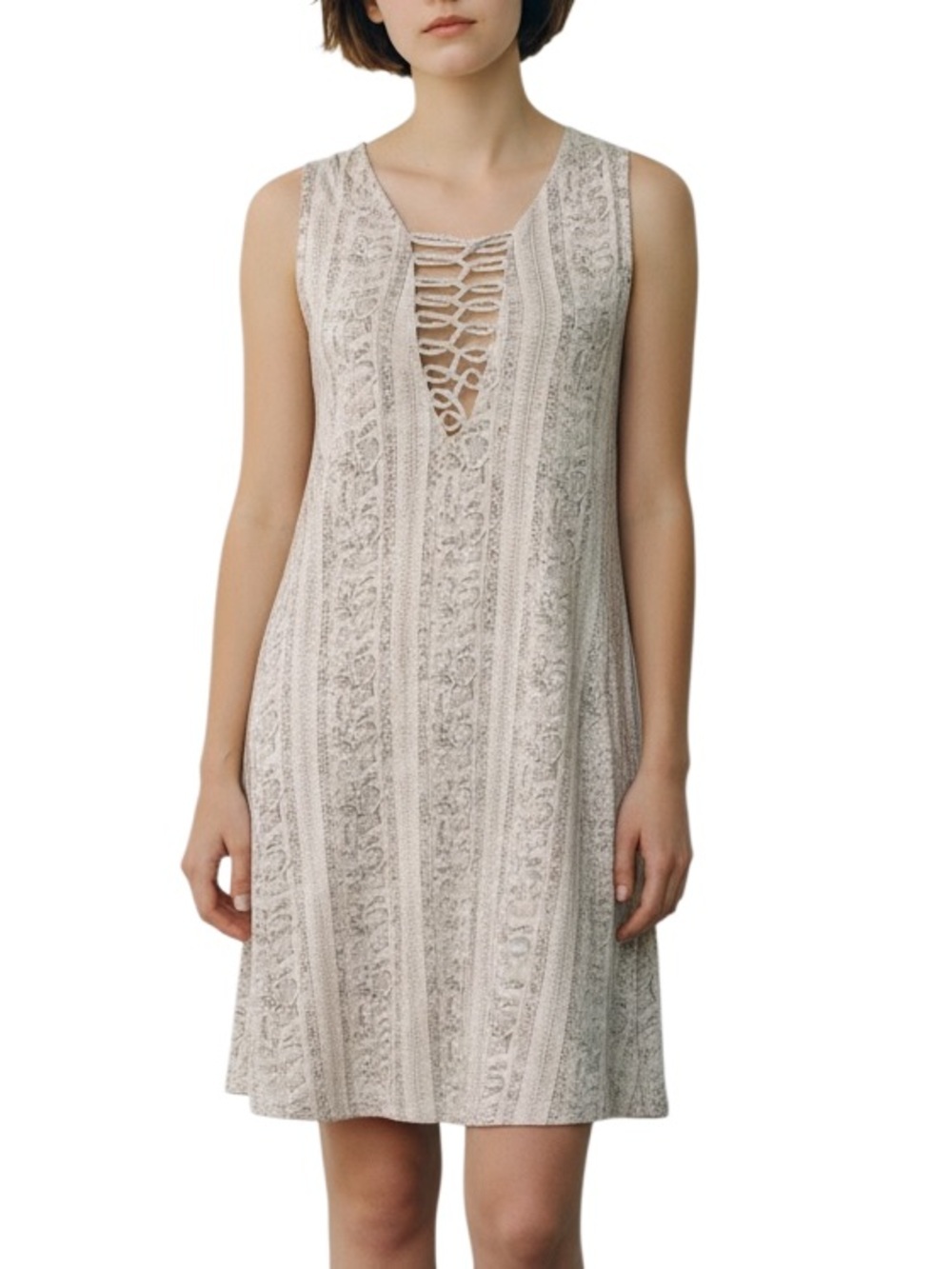 Gentle Fawn Sleeveless Lace Pattern V-Neck Shift Dress Beige